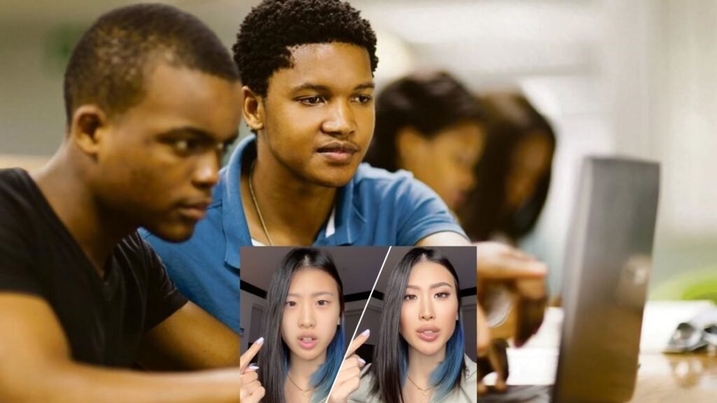 2 guys on a computer and a lady at the bottom with a filter