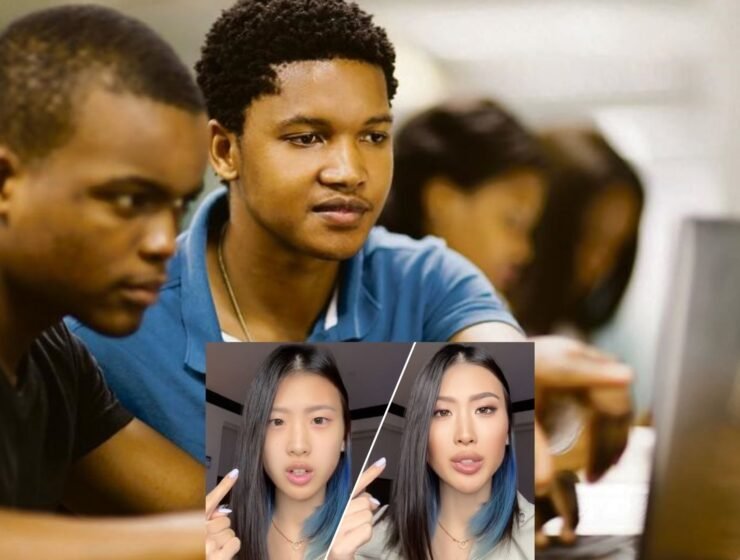 2 guys on a computer and a lady at the bottom with a filter