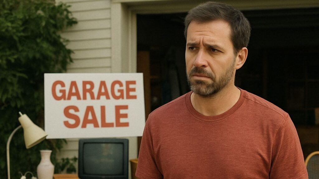 Man in front of a garage for sale sign