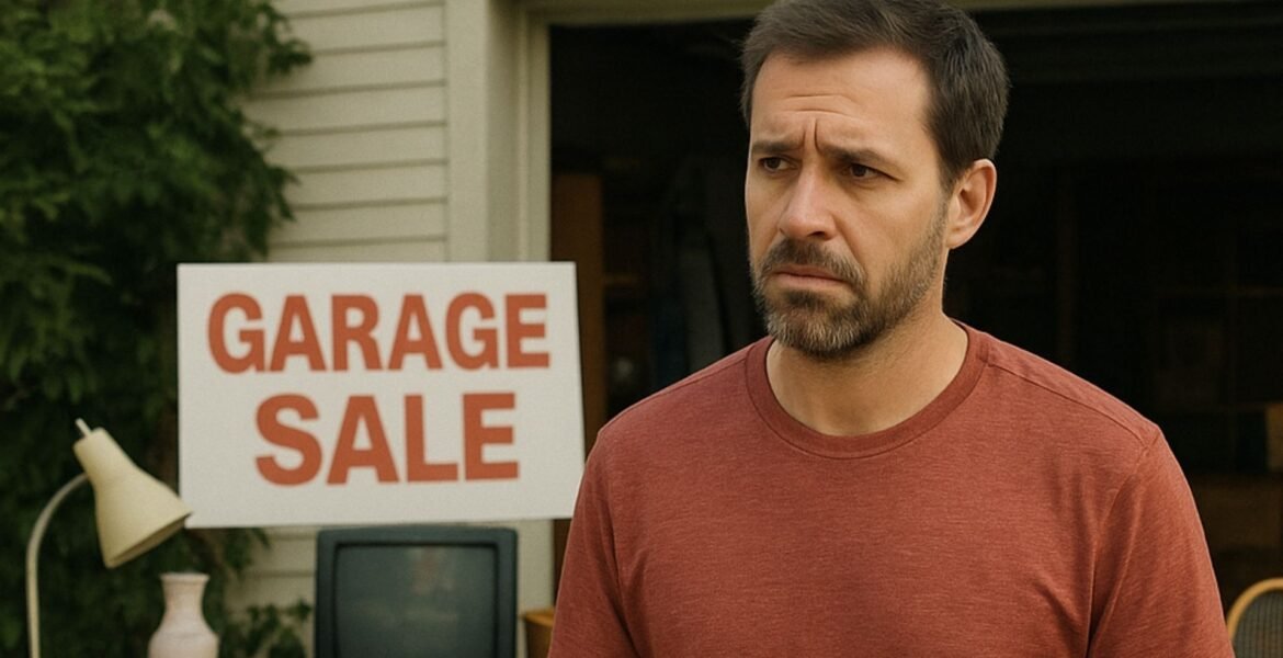 Man in front of a garage for sale sign