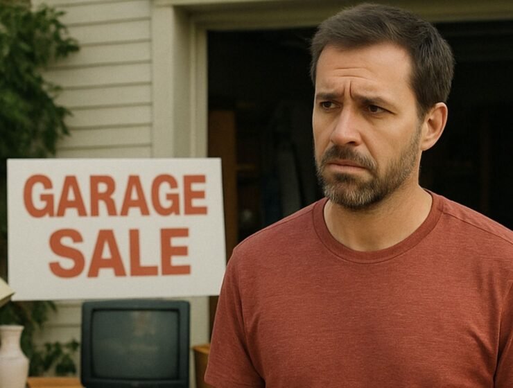 Man in front of a garage for sale sign
