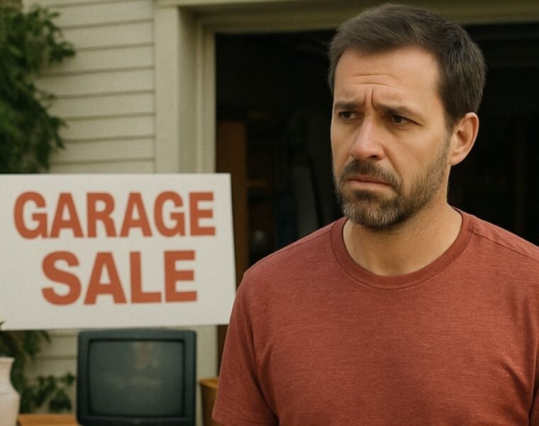 Man in front of a garage for sale sign