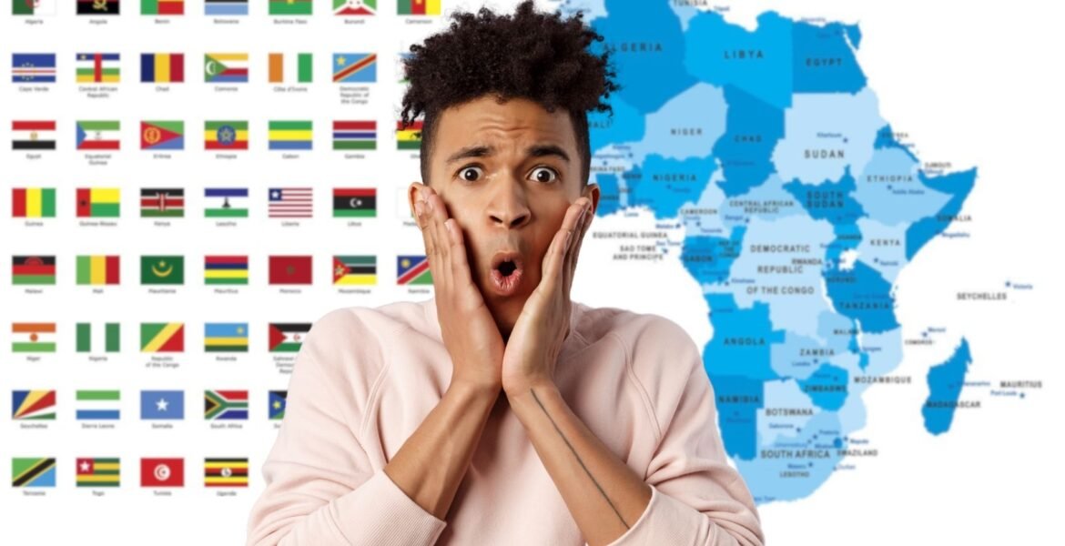 Shocked black man infront of the African map and flags
