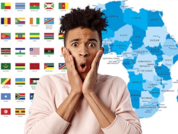 Shocked black man infront of the African map and flags