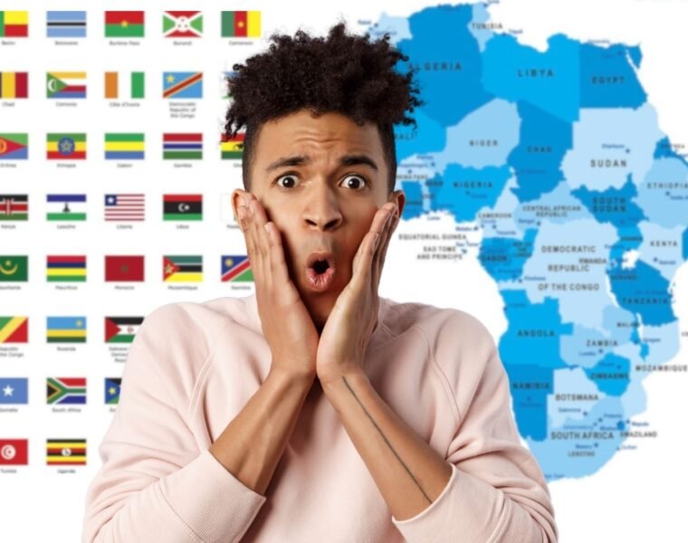 Shocked black man infront of the African map and flags