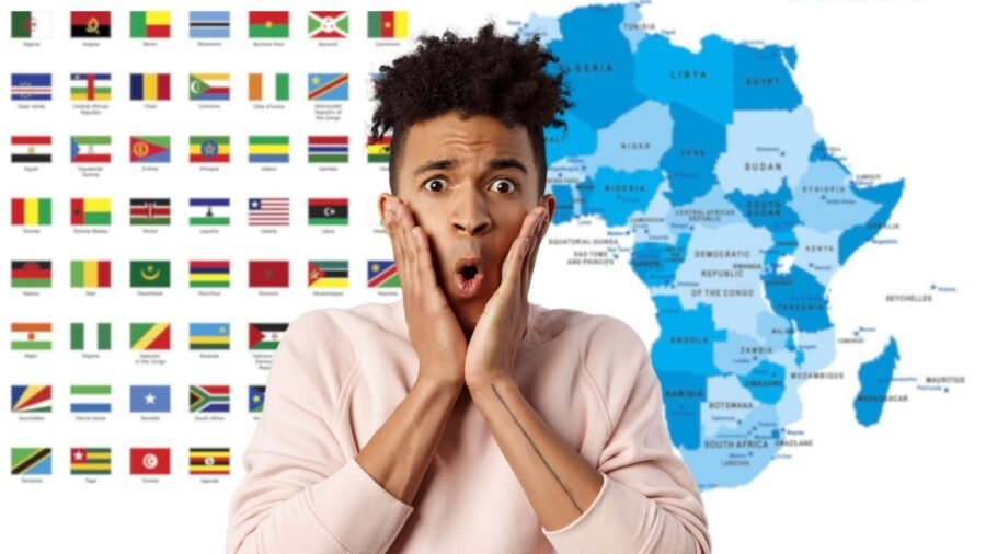Shocked black man infront of the African map and flags